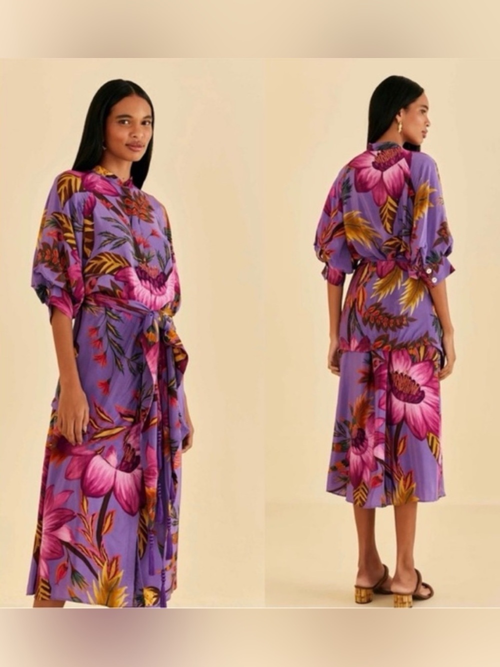 FARM Rio Purple Maxi Flowers Shirtdress Floral Midi Balloon Sleeve Dress